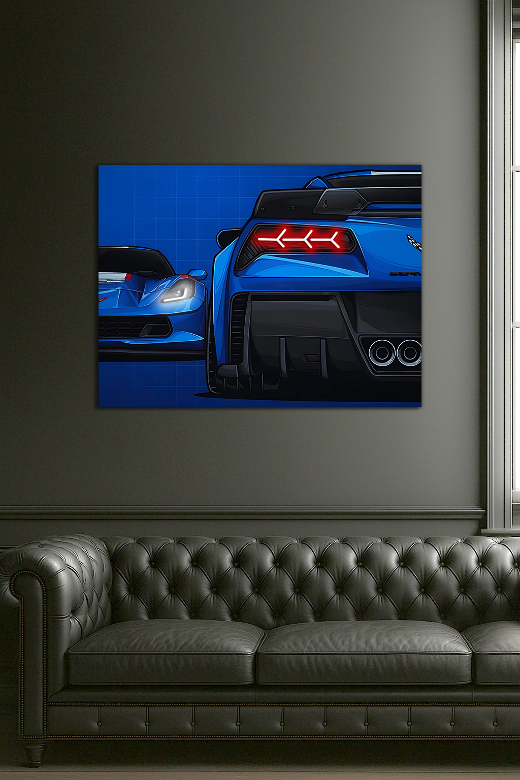 Mavi Corvette Tarzı UV Baskı Neon Duvar Dekoru | Pleksi Işıklı Süper Araba Tablo | Modern Ev ve Ofis Dekoru