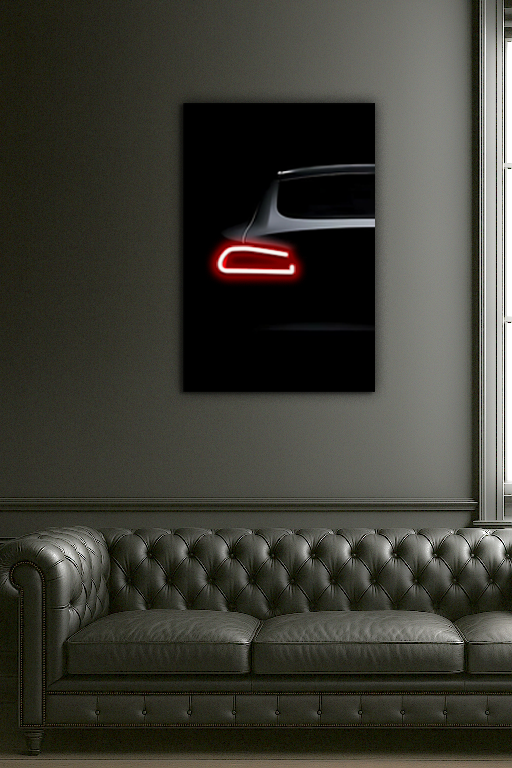 Minimalist Siyah Araba UV Baskı Neon Duvar Dekoru | Kırmızı Işıklı Pleksi Tablo | Modern Salon ve Ofis Duvar Sanatı