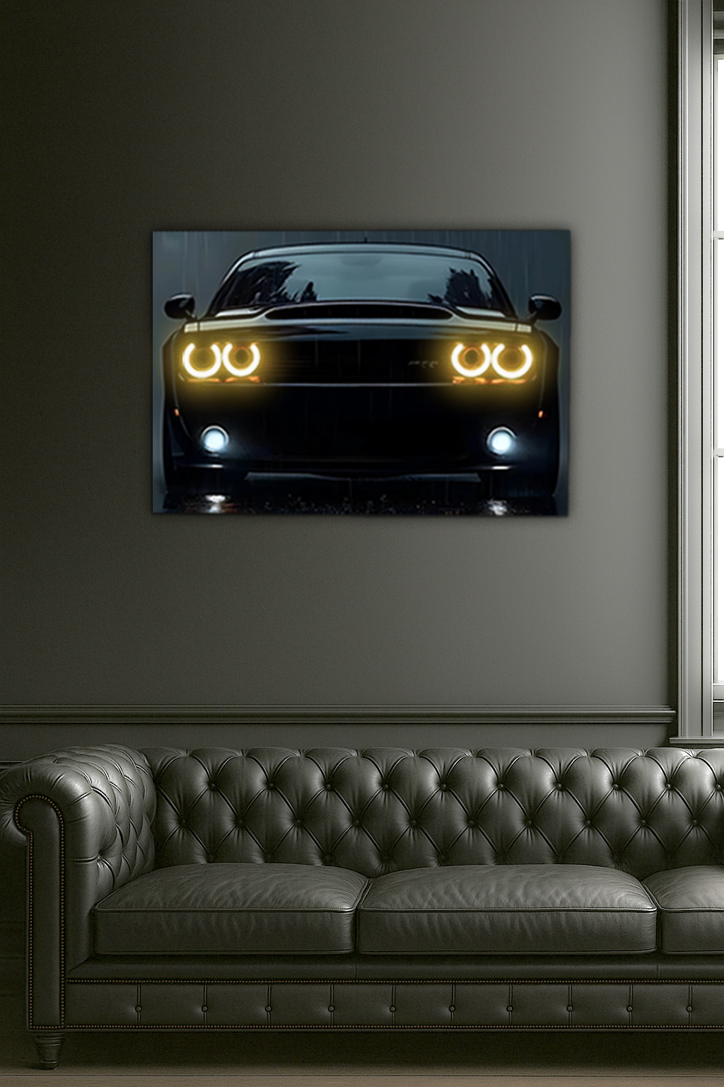 Siyah Muscle Car UV Baskı Neon Duvar Dekoru | Pleksi Işıklı Araba Tablo | Güçlü Far Efektli Modern Duvar Sanatı