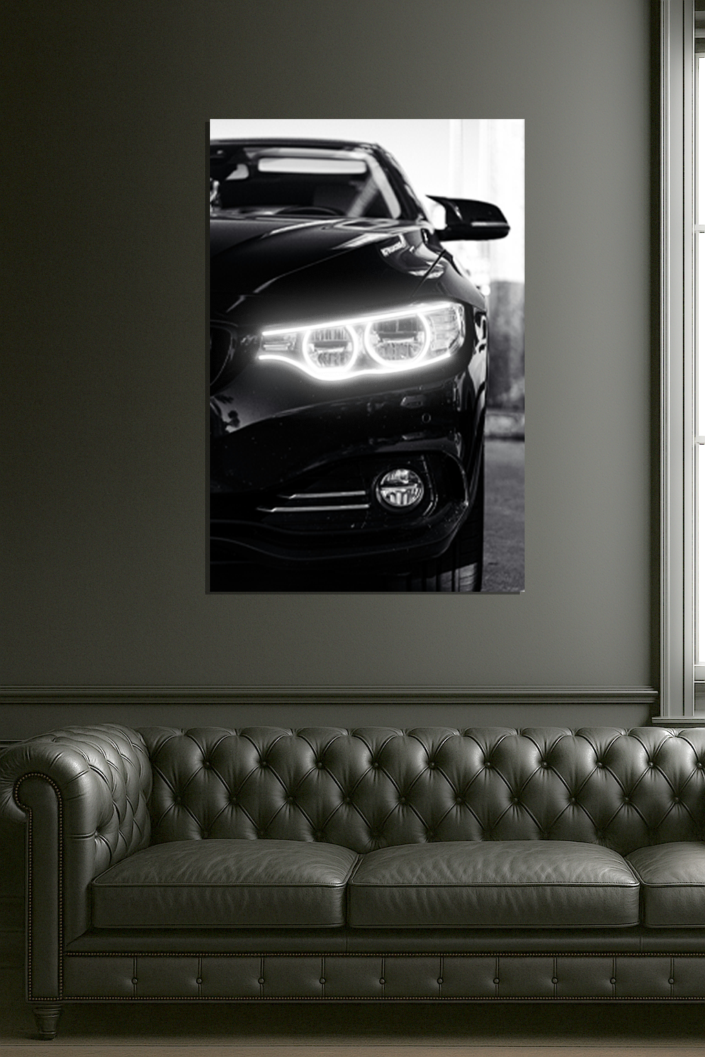 Siyah Otomobil UV Baskı Neon Duvar Tablosu | Beyaz LED Far Detaylı Pleksi Dekor | Modern Otomobil Duvar Sanatı