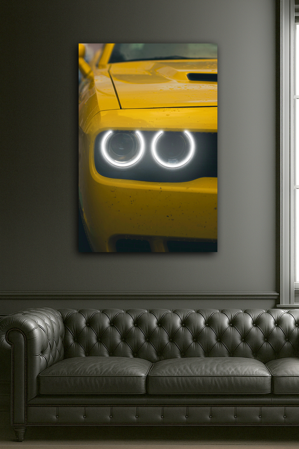 Spor Otomobil UV Baskı Neon Tablo | Çift LED Far Detaylı Pleksi Duvar Dekoru | Enerjik Otomobil Duvar Sanatı