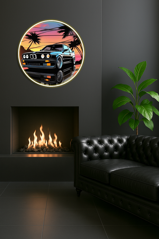 Retro BMW Tarzı Yuvarlak UV Baskı Neon Duvar Dekoru | Gün Batımı Temalı Pleksi Işıklı Tablo
