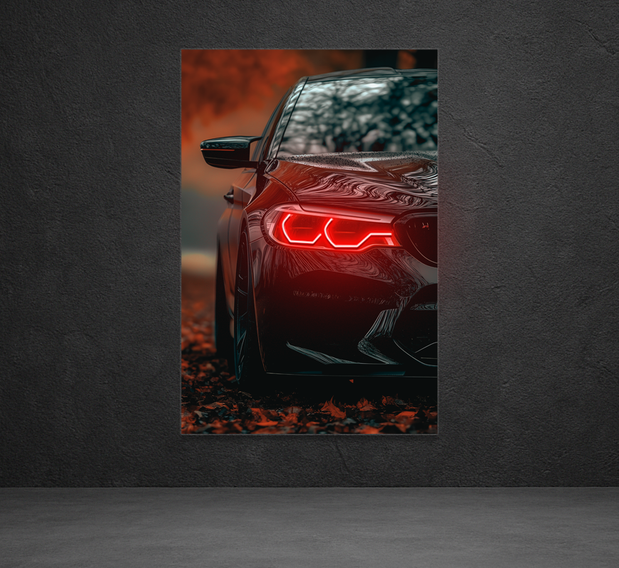 Siyah Spor Otomobil UV Baskı Neon Duvar Tablosu | Kırmızı LED Işıklı Pleksi Duvar Dekoru | Modern Otomobil Sanatı