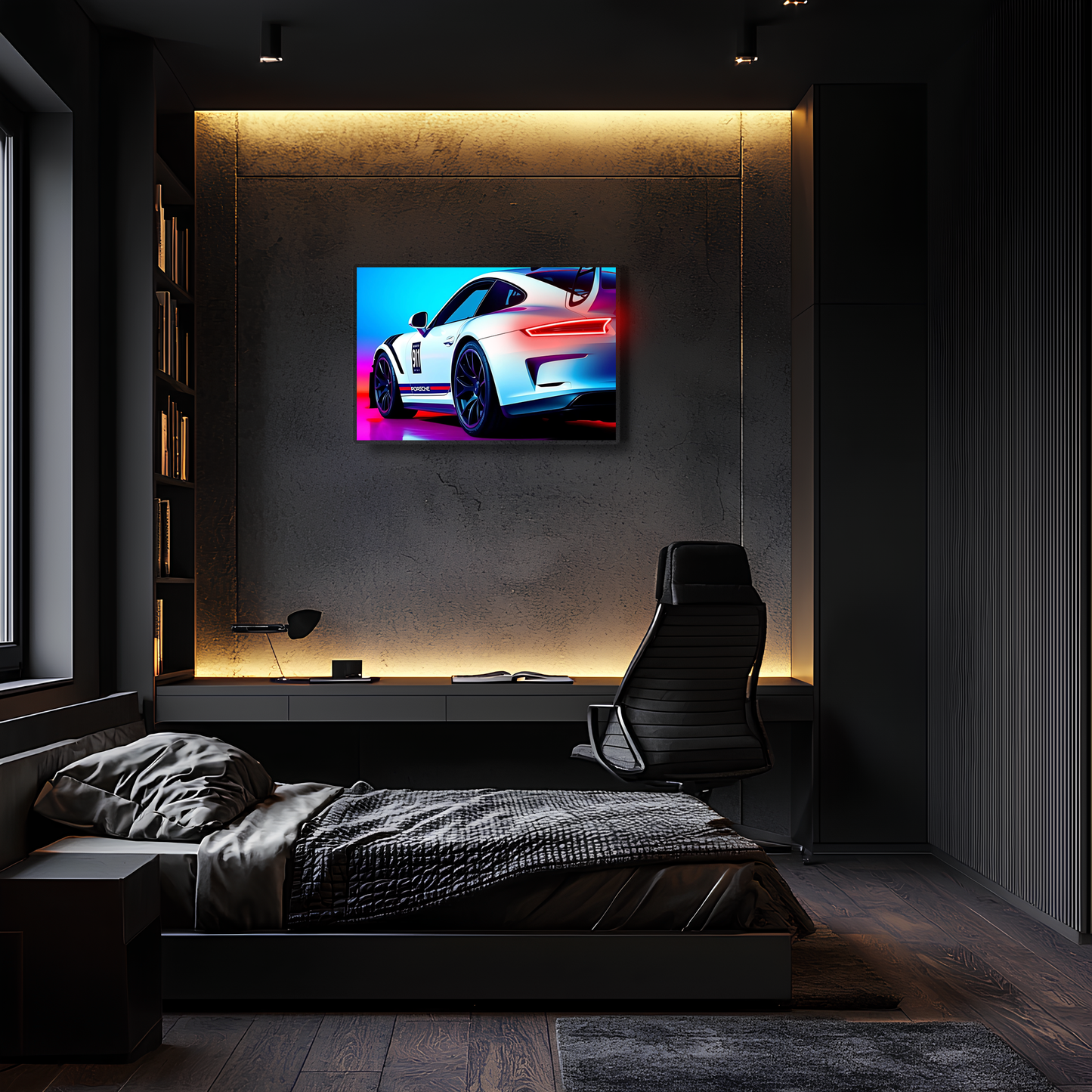 Beyaz GT Yarış Araba UV Baskı Neon Duvar Dekoru | Pleksi Işıklı Spor Araba Tablo | Gamer Room Duvar Sanatı