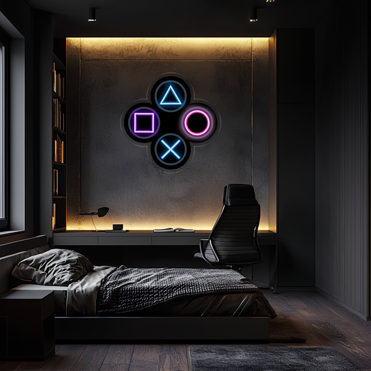 Gamer Neon Duvar Dekoru | RGB Oyun Konsolu Tuş Sembolleri LED Işıklı Pleksi Tablo | Oyun Odası Aydınlatması