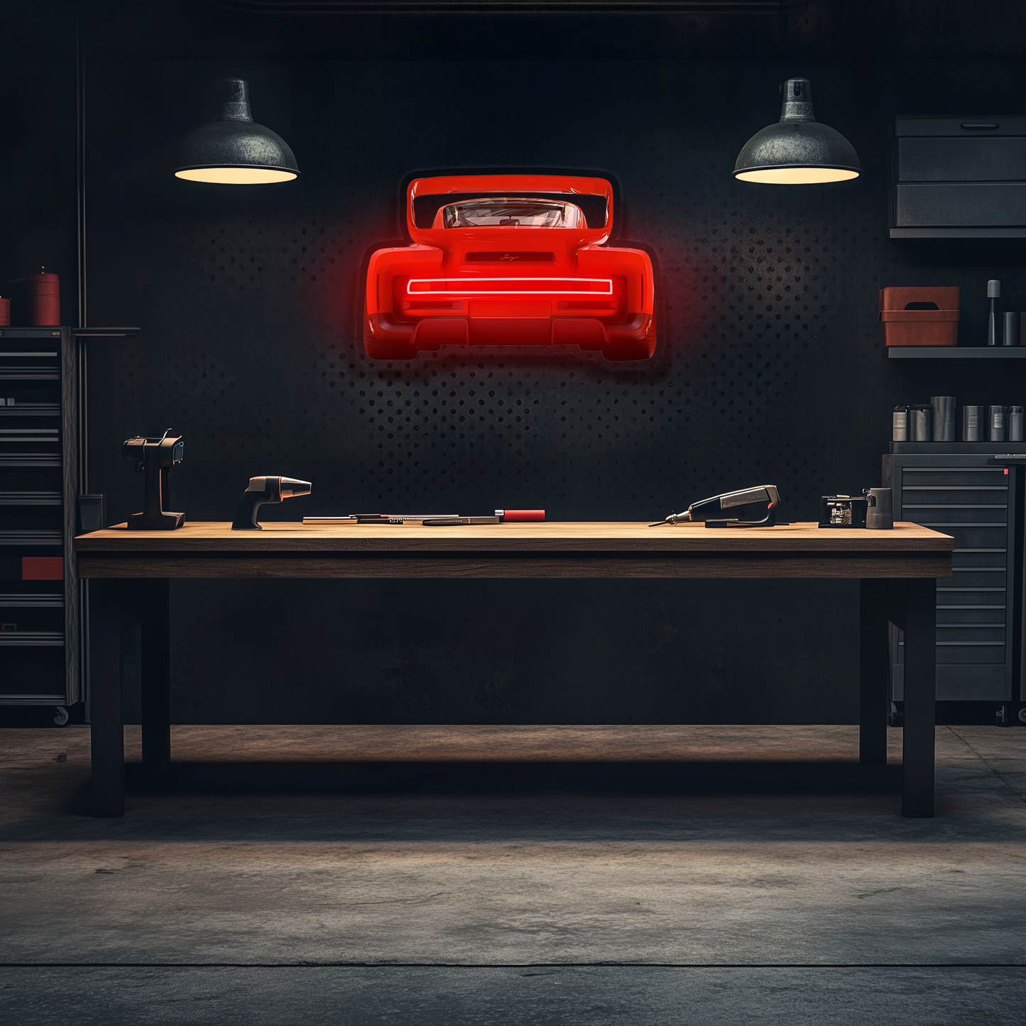 Kırmızı Spor Araba UV Baskı Neon Duvar Dekoru | Pleksi Işıklı Araba Tablo | Garaj ve Atölye Duvar Sanatı