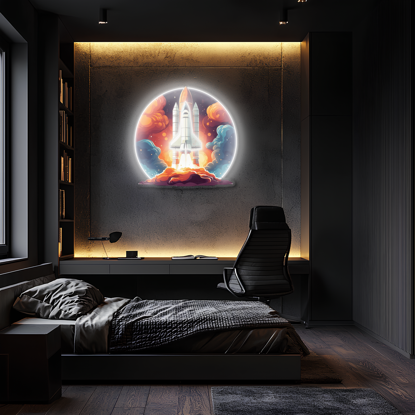 Roket Lansmanı Neon Duvar Dekoru | Uzay Temalı Işıklı Pleksi Tablo | Çocuk Odası ve Ofis İçin Modern Dekor