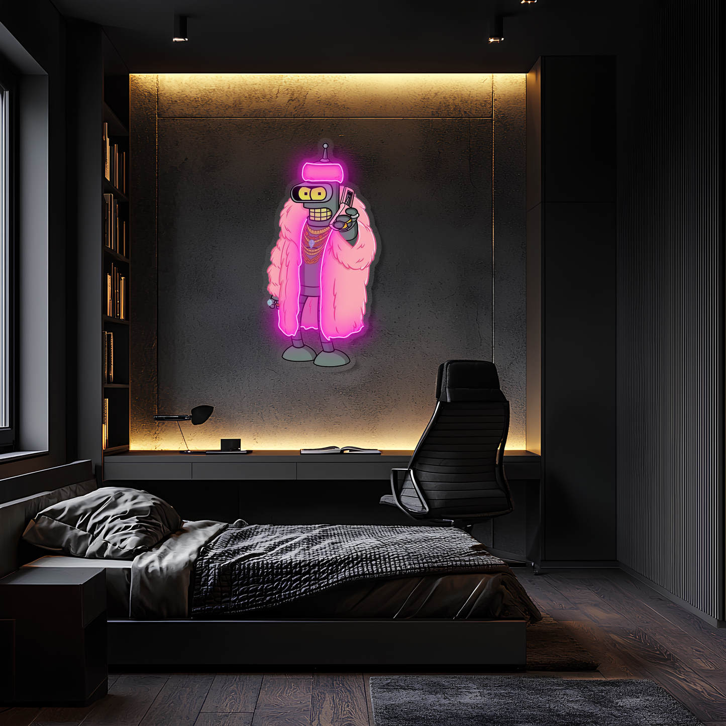 Pembe Ceketli Robot Neon Tablo | Oyun Odası LED Dekor