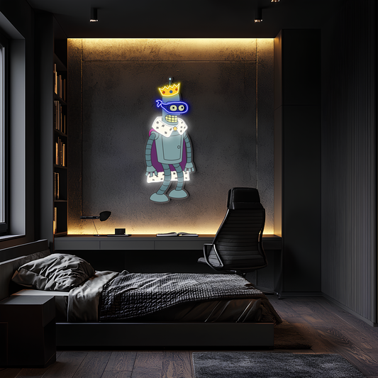 Kral Robot Neon Duvar Dekoru | Pleksi UV Baskı LED Işıklı Tablo | Oyun Odası ve Modern Ev Dekoru İçin Neon Sanat