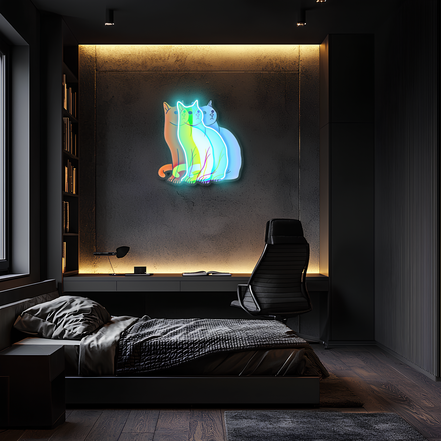Üç Renkli Kedi Neon Duvar Dekoru | Gökkuşağı Işıklı Pleksi Tablo | Modern ve Minimalist Ev Dekoru