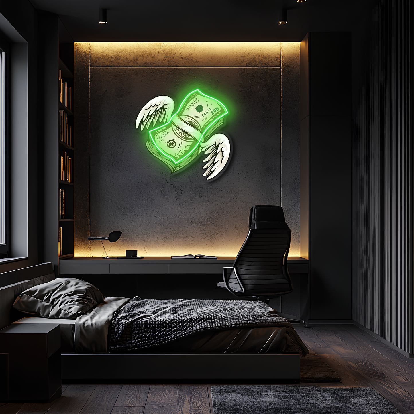 Uçan Para Neon Duvar Dekoru | Yeşil Işıklı Pleksi Tablo | Gamer Room ve Ofis İçin Modern Duvar Sanatı