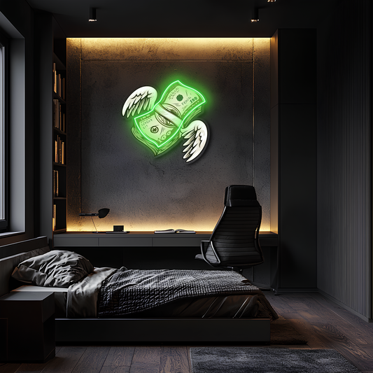 Uçan Para Neon Duvar Dekoru | Yeşil Işıklı Pleksi Tablo | Gamer Room ve Ofis İçin Modern Duvar Sanatı