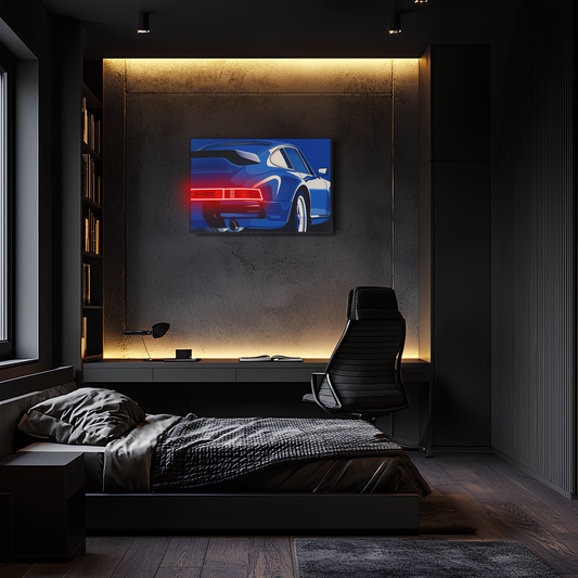 Mavi Retro Spor Araba UV Baskı Neon Duvar Dekoru | Pleksi Işıklı Tablo | Modern Ev ve Ofis Dekoru