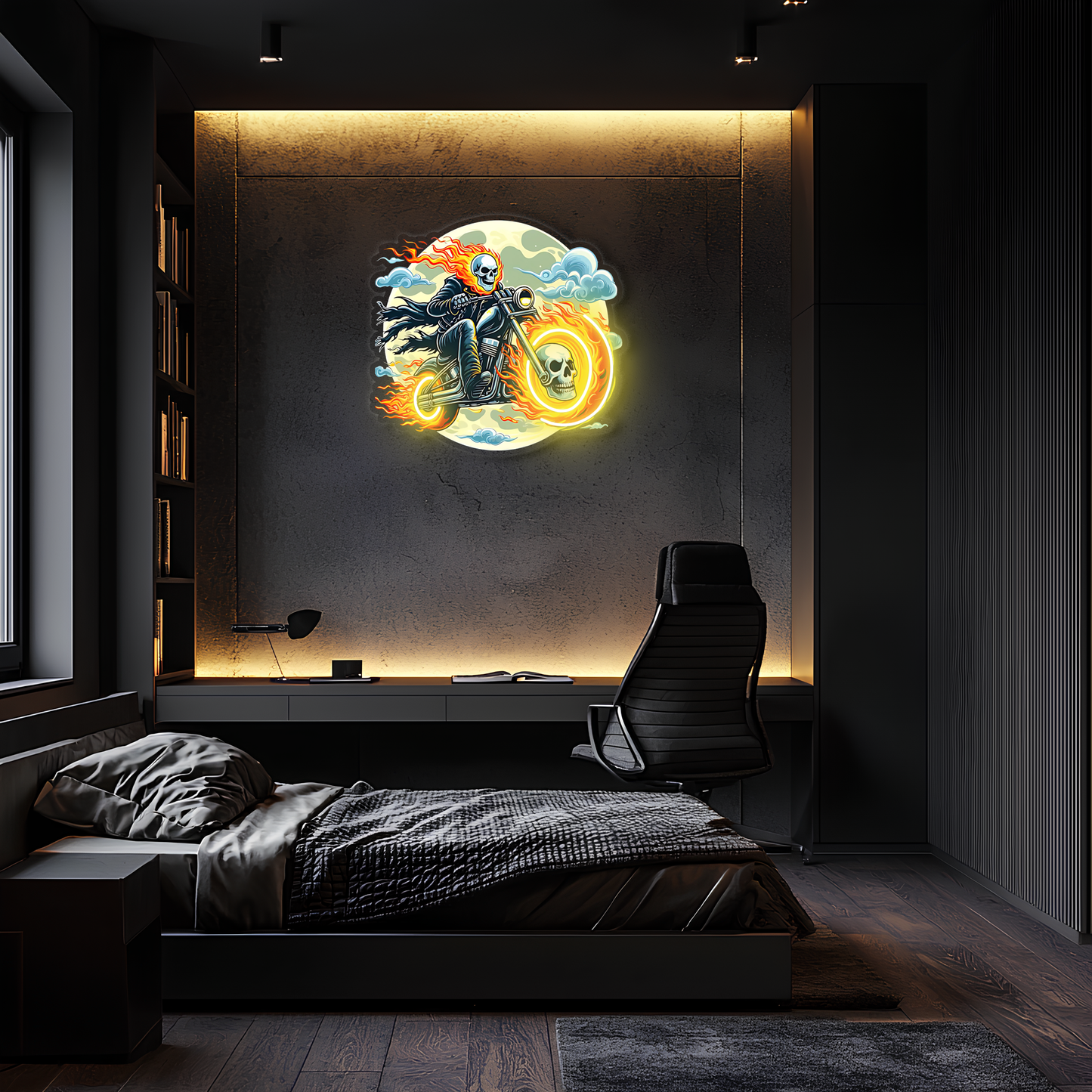Ateşli Motorcu Neon Duvar Dekoru | İskelet Motosiklet Temalı LED Işıklı Pleksi Tablo | Gamer & Garaj Dekoru