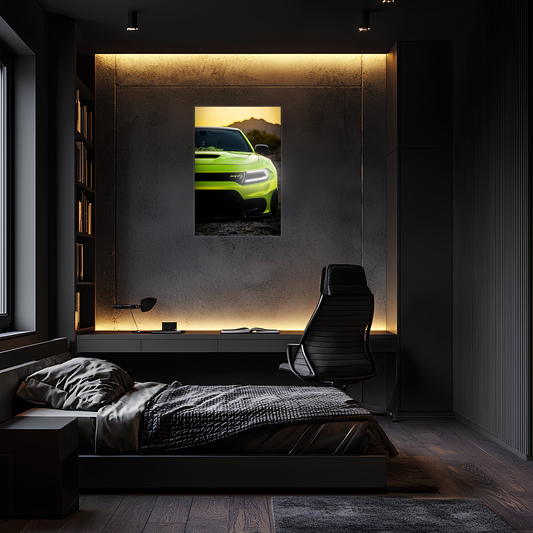 Yeşil SRT Tarzı UV Baskı Neon Duvar Dekoru | Pleksi Işıklı Muscle Car Tablo | Gamer Room Duvar Sanatı