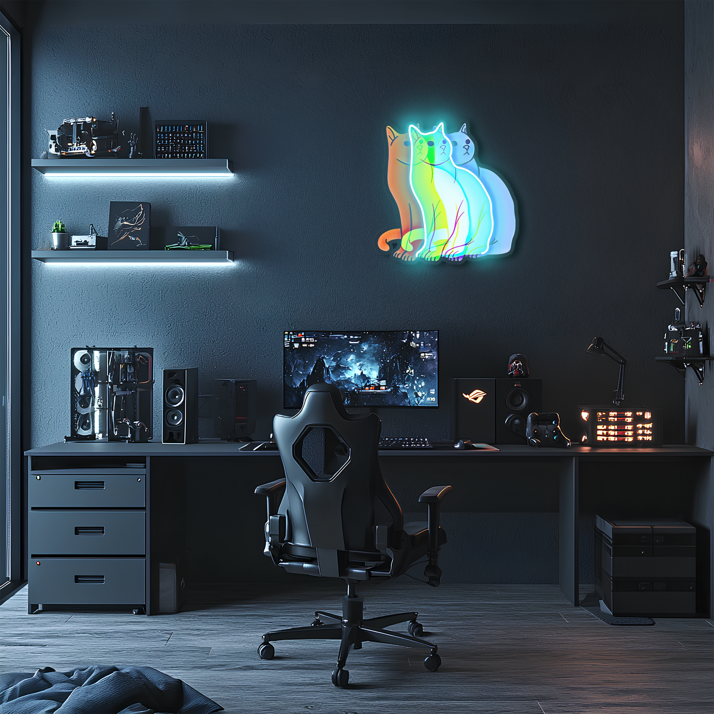 Üç Renkli Kedi Neon Duvar Dekoru | Gökkuşağı Işıklı Pleksi Tablo | Modern ve Minimalist Ev Dekoru