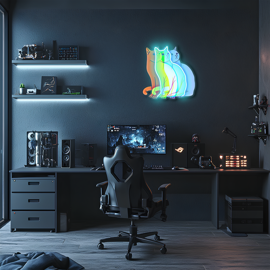 Üç Renkli Kedi Neon Duvar Dekoru | Gökkuşağı Işıklı Pleksi Tablo | Modern ve Minimalist Ev Dekoru