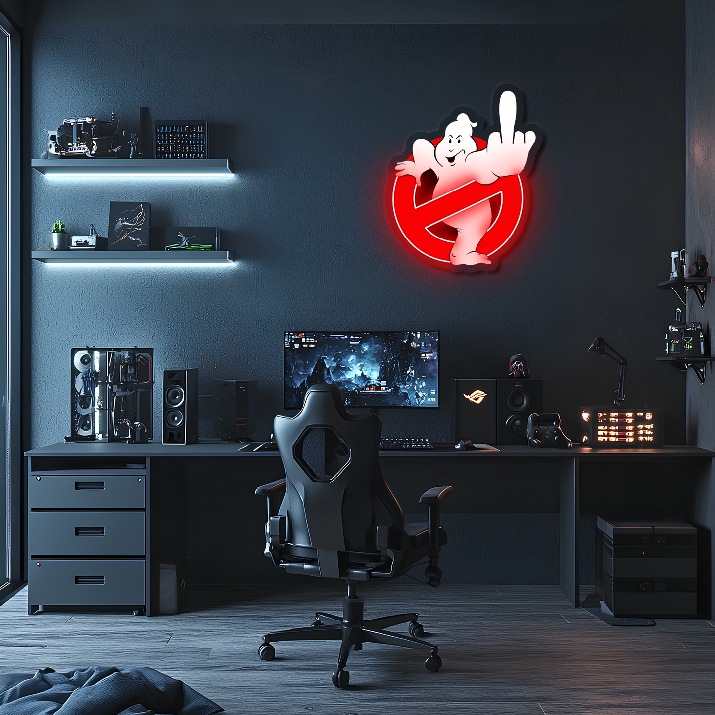 Retro Hayalet Figürlü Neon Duvar Dekoru | Mizahi Tasarım Işıklı Pleksi Tablo | Gamer & Genç Odası Dekoru