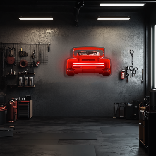 Kırmızı Spor Araba UV Baskı Neon Duvar Dekoru | Pleksi Işıklı Araba Tablo | Garaj ve Atölye Duvar Sanatı