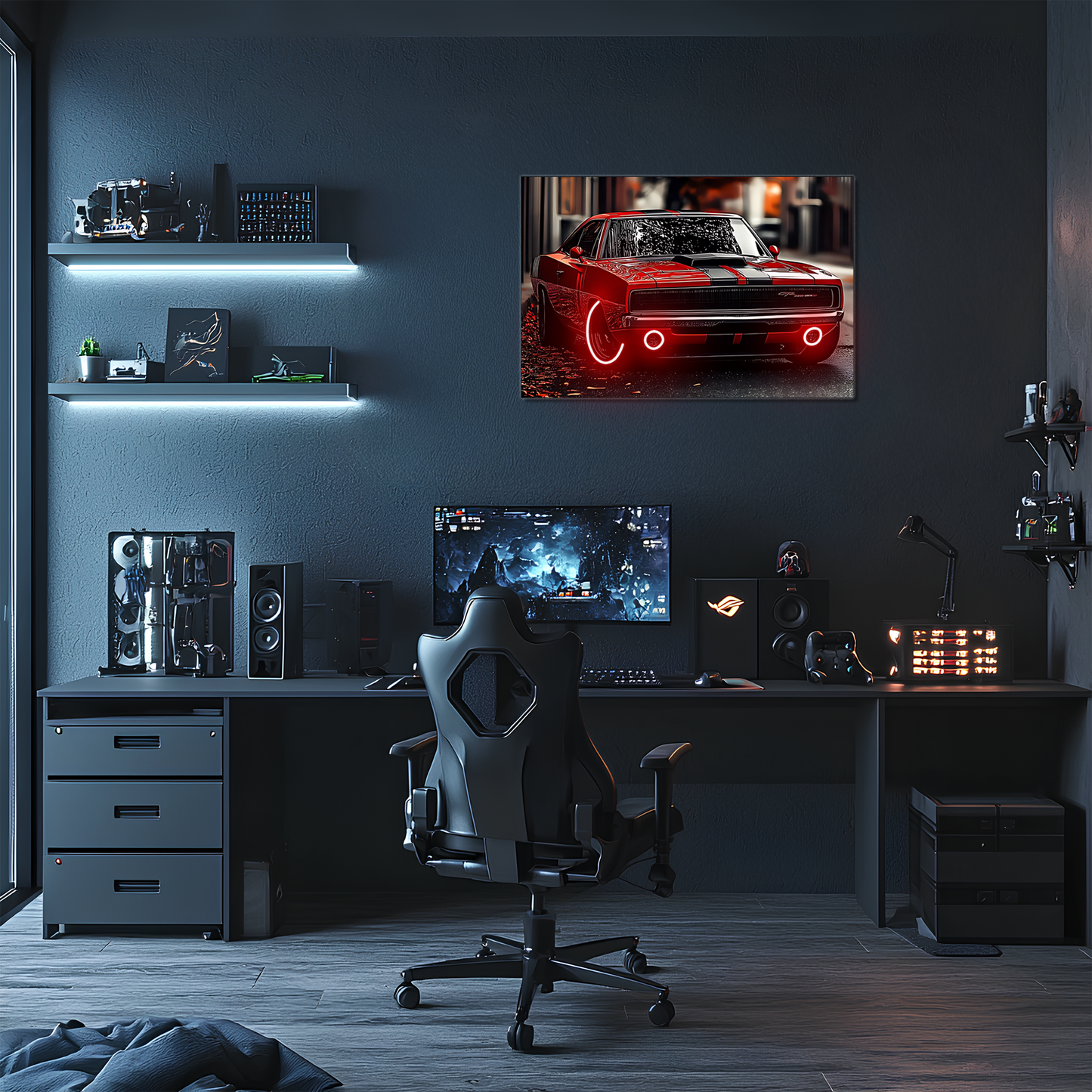 Kırmızı Charger Tarzı UV Baskı Neon Duvar Dekoru | Pleksi Işıklı Retro Araba Tablo | Gamer Room Duvar Sanatı