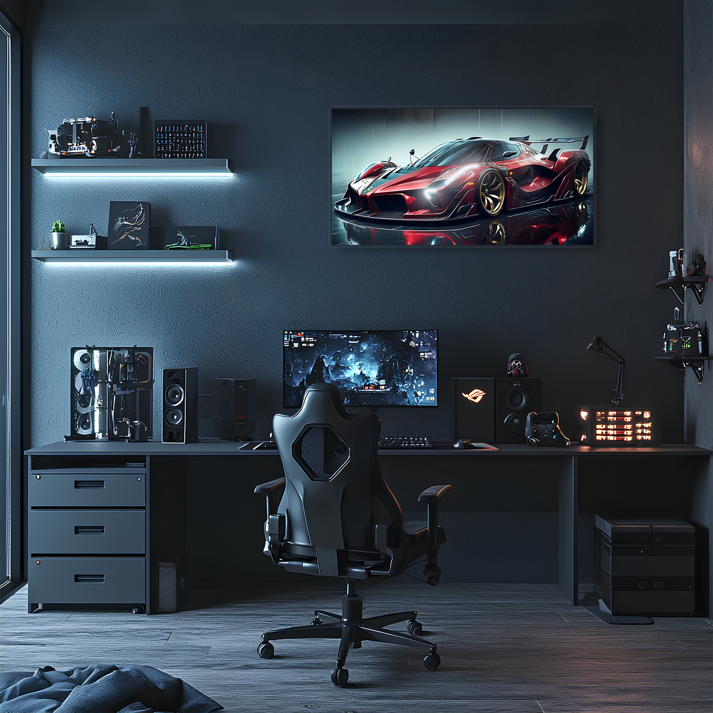 Kırmızı Hypercar Tarzı UV Baskı Neon Duvar Dekoru | Pleksi Işıklı Spor Araba Tablo | Gamer Room Duvar Sanatı