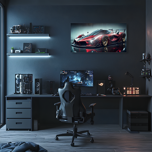 Kırmızı Hypercar Tarzı UV Baskı Neon Duvar Dekoru | Pleksi Işıklı Spor Araba Tablo | Gamer Room Duvar Sanatı