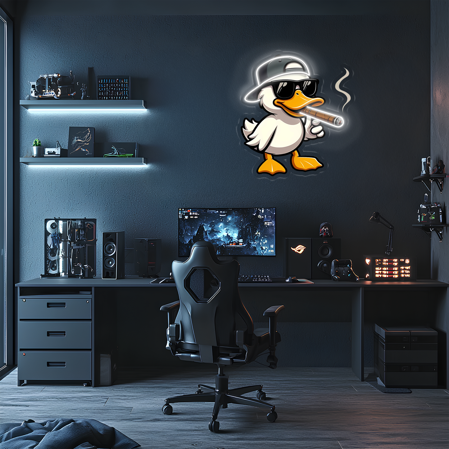 Cool Duck Neon Duvar Dekoru | Eğlenceli Karikatür Işıklı Tablo | UV Baskı Pleksi Neon | Genç ve Gamer Oda Dekoru