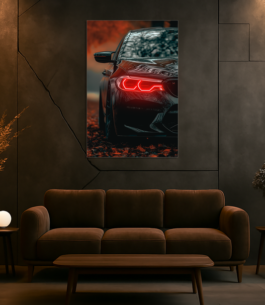Siyah Spor Otomobil UV Baskı Neon Duvar Tablosu | Kırmızı LED Işıklı Pleksi Duvar Dekoru | Modern Otomobil Sanatı