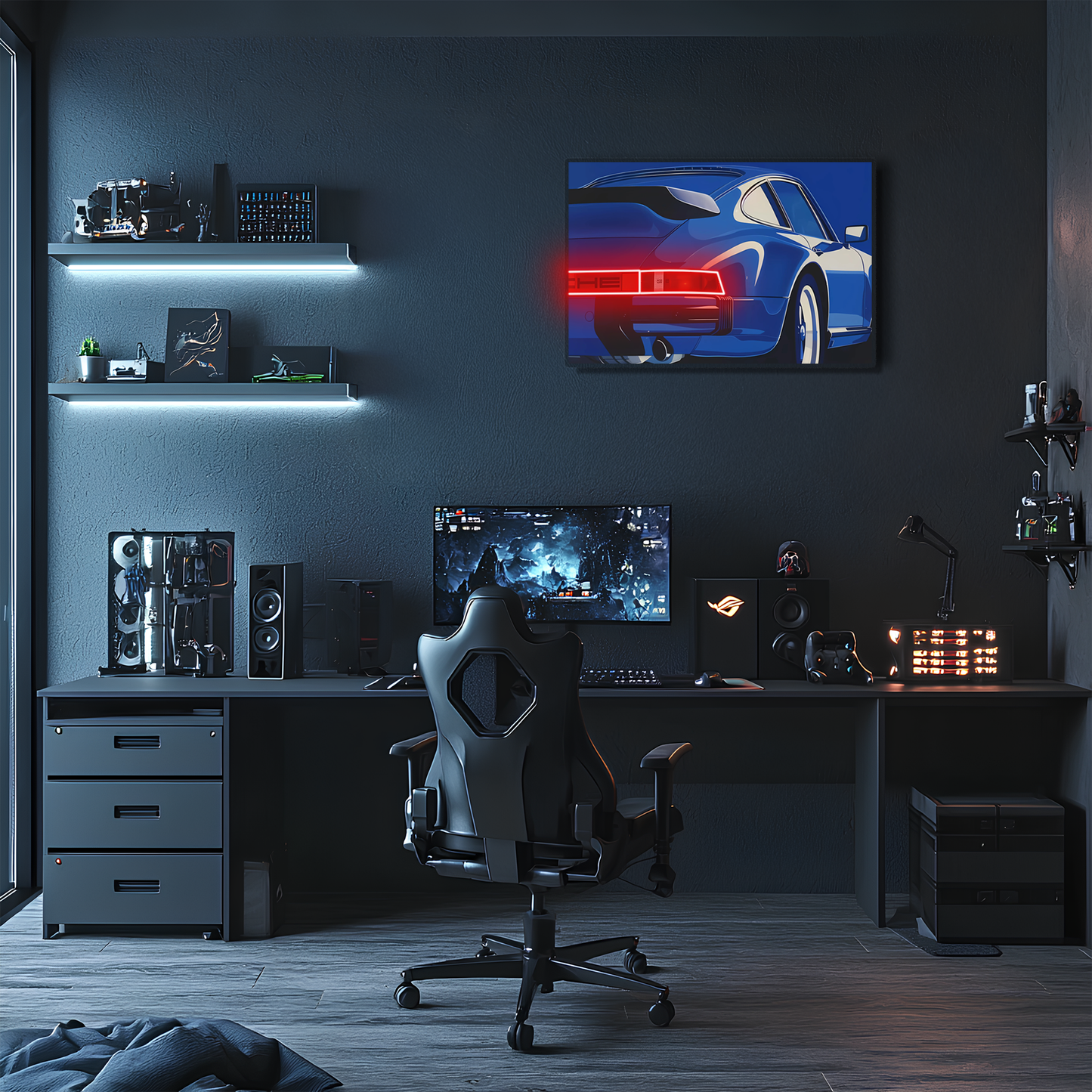 Mavi Retro Spor Araba UV Baskı Neon Duvar Dekoru | Pleksi Işıklı Tablo | Modern Ev ve Ofis Dekoru