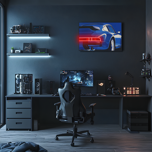 Mavi Retro Spor Araba UV Baskı Neon Duvar Dekoru | Pleksi Işıklı Tablo | Modern Ev ve Ofis Dekoru