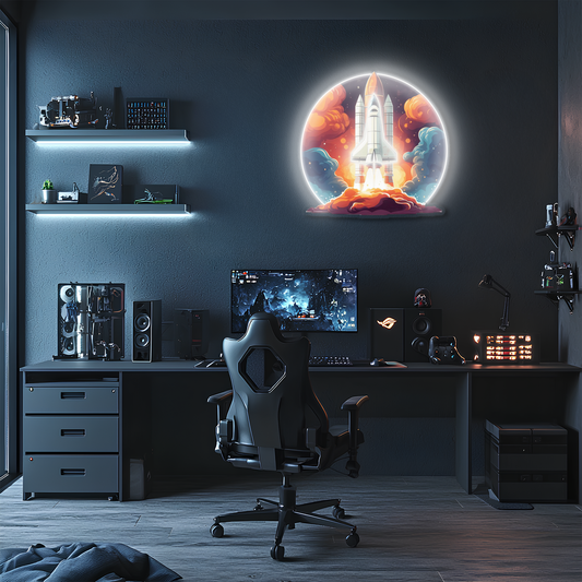 Roket Lansmanı Neon Duvar Dekoru | Uzay Temalı Işıklı Pleksi Tablo | Çocuk Odası ve Ofis İçin Modern Dekor