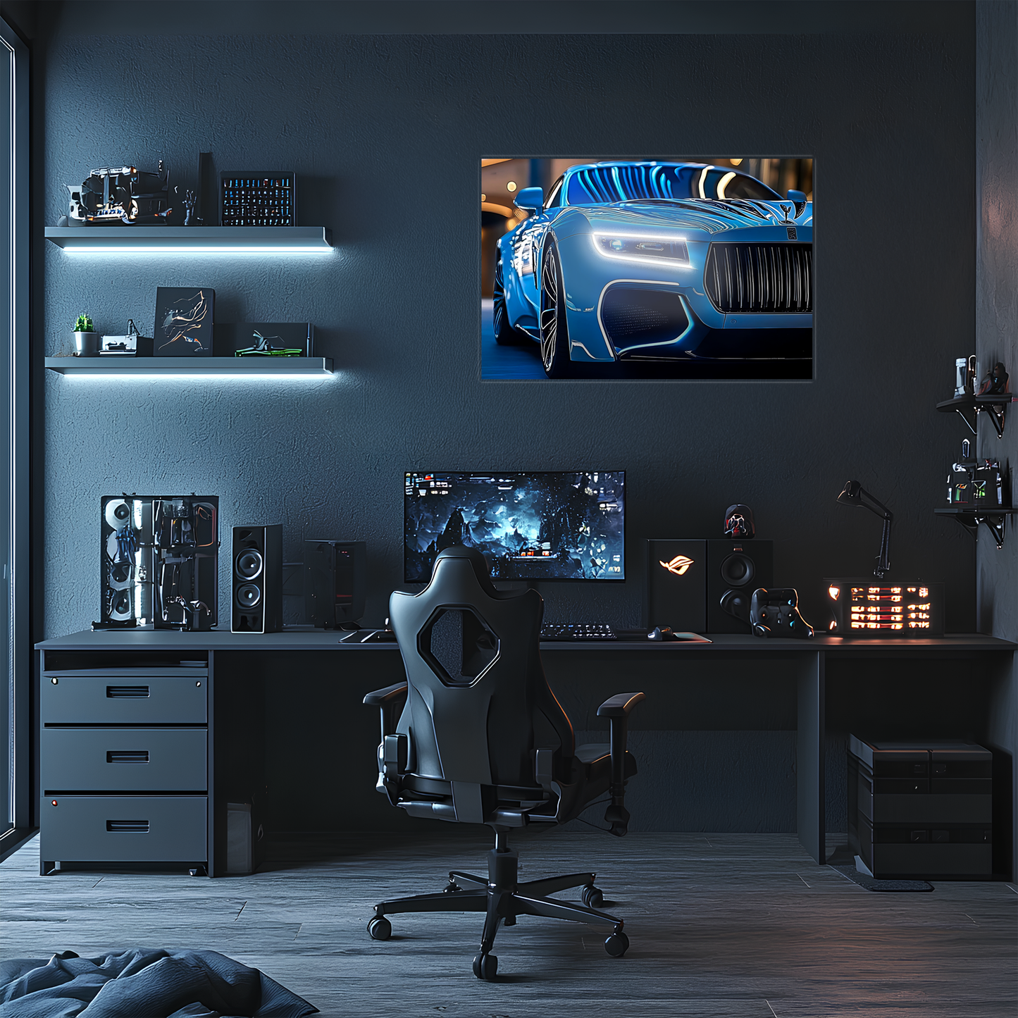 Mavi Spor Araba UV Baskı Neon Duvar Dekoru | Gamer Room Pleksi Işıklı Tablo | Modern Araba Temalı Duvar Sanatı
