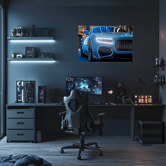 Mavi Spor Araba UV Baskı Neon Duvar Dekoru | Gamer Room Pleksi Işıklı Tablo | Modern Araba Temalı Duvar Sanatı