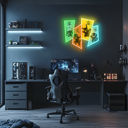 Dörtlü Pokémon Neon Duvar Dekoru | Charmander Squirtle Bulbasaur Temalı LED Duvar Işığı | Gamer & Anime Odası Dekoru