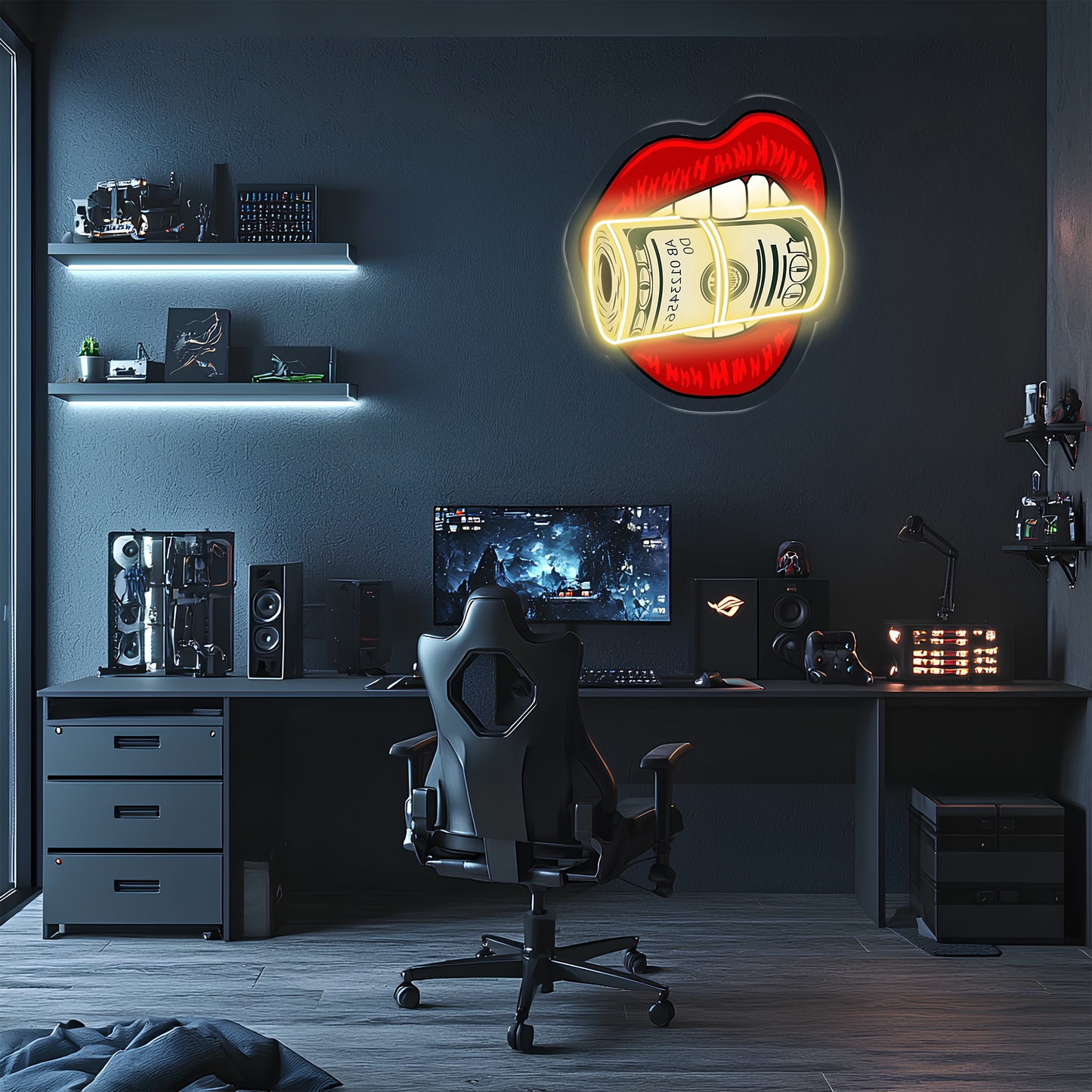 Pop Art Dudak Neon Duvar Dekoru | Para Rulosu Isıran Dudak Tasarımı | Işıklı LED Pleksi Duvar Sanatı