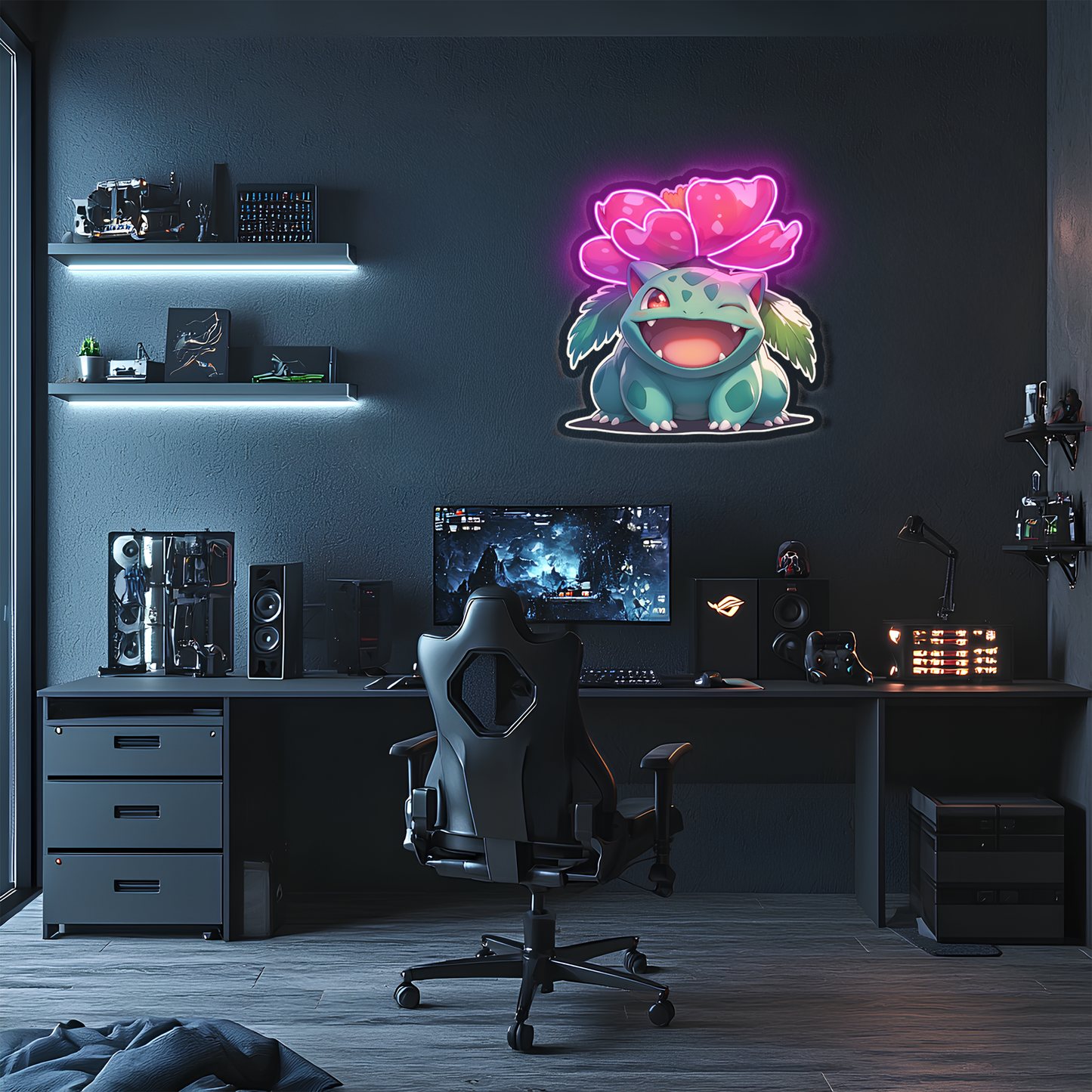 Venusaur Neon Duvar Dekoru | Renkli Çiçekli Pokémon Temalı Işıklı LED Tablo | Pleksi UV Baskı Neon Sanatı