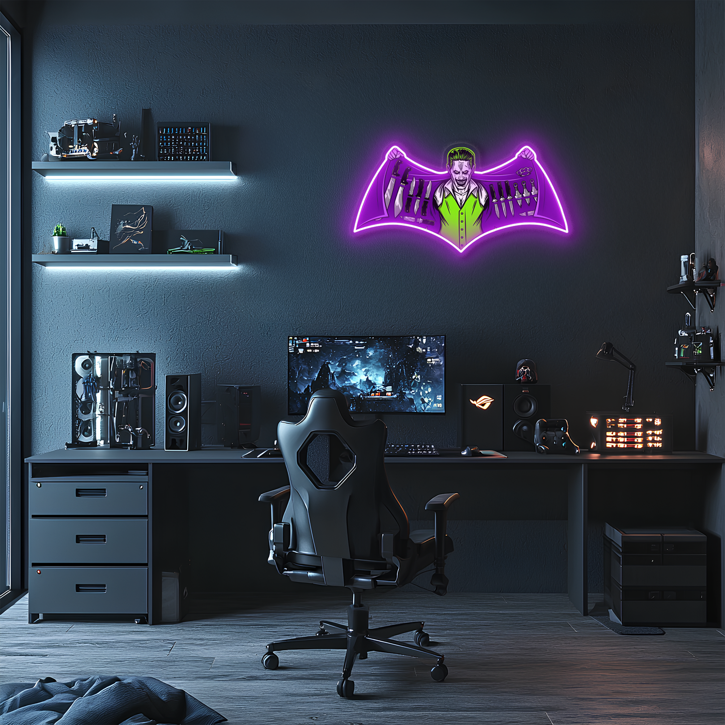 Joker Temalı Neon Duvar Dekoru | Mor Yeşil Pleksi UV Baskı LED Tablo | Oyun Odası ve Koleksiyon Alanı İçin Işıklı Duvar Sanatı