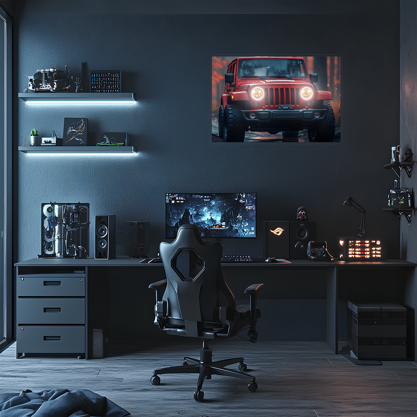 Kırmızı Jeep Tarzı UV Baskı Neon Duvar Dekoru | Pleksi Işıklı Araba Tablo | Gamer Room ve Ofis Dekoru