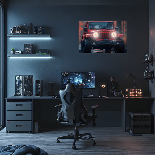 Kırmızı Jeep Tarzı UV Baskı Neon Duvar Dekoru | Pleksi Işıklı Araba Tablo | Gamer Room ve Ofis Dekoru