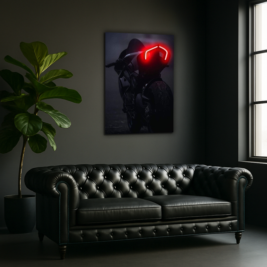 Siyah Motosiklet UV Baskı Neon Duvar Dekoru | Kırmızı Işıklı Pleksi Tablo