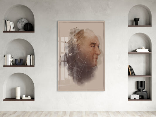 Modern Sanatsal Atatürk Profil Cam Tablo – Akıl ve Vizyonu Simgeleyen 4 mm Temperli Cam Duvar