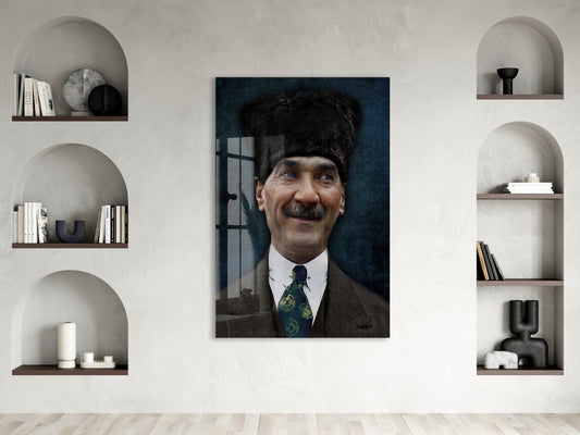 Kalpaklı Atatürk Portre Cam Tablo – Millî Mücadele Ruhunu Yansıtan Modern 4 mm Temperli Cam Duvar