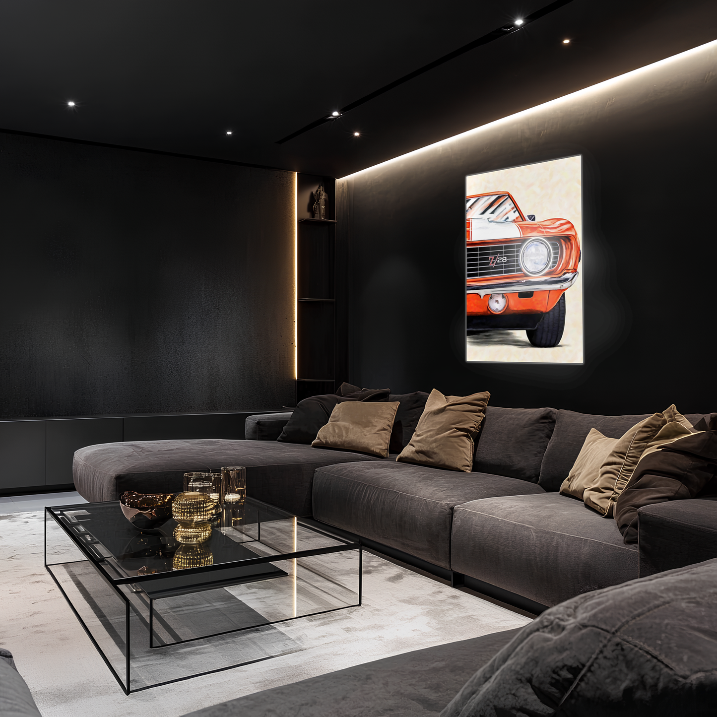 Klasik Camaro Tarzı UV Baskı Neon Duvar Dekoru | Turuncu Amerikan Araba Tablo | Pleksi Işıklı Duvar Sanatı