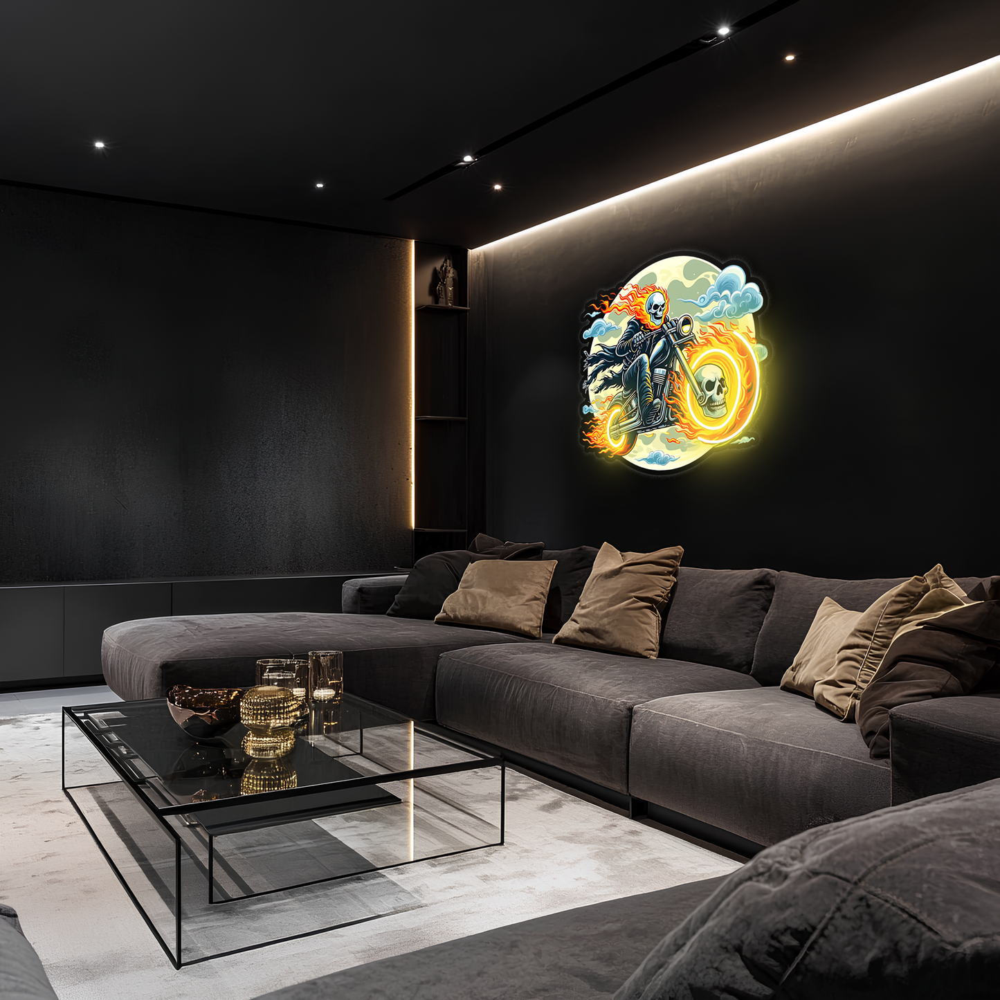 Ateşli Motorcu Neon Duvar Dekoru | İskelet Motosiklet Temalı LED Işıklı Pleksi Tablo | Gamer & Garaj Dekoru