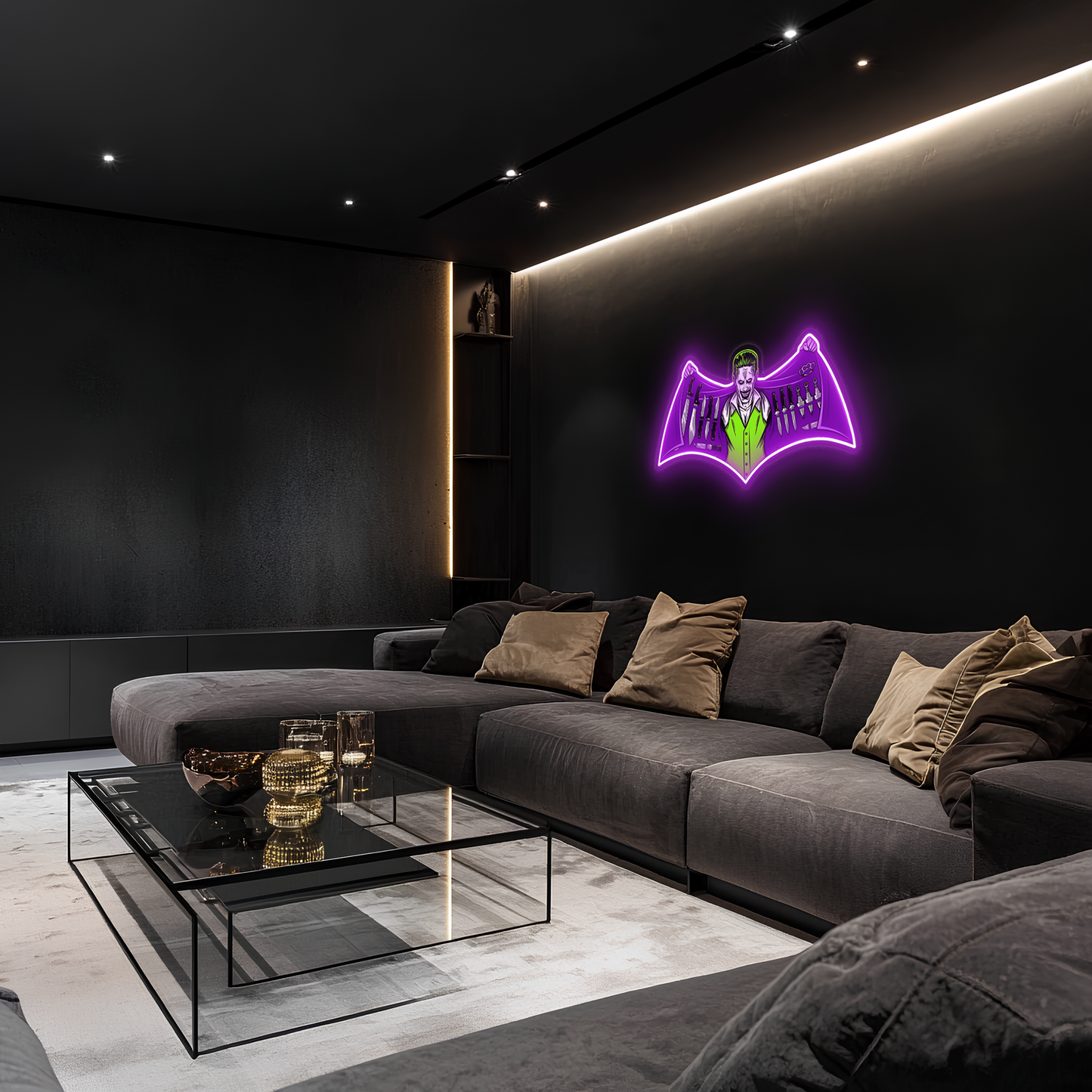 Joker Temalı Neon Duvar Dekoru | Mor Yeşil Pleksi UV Baskı LED Tablo | Oyun Odası ve Koleksiyon Alanı İçin Işıklı Duvar Sanatı