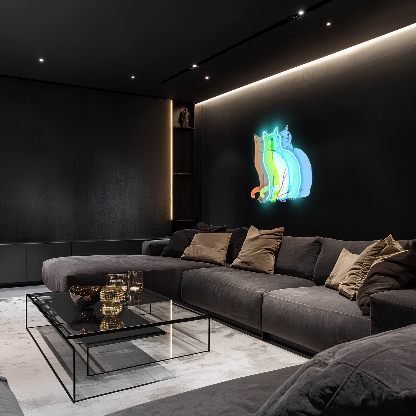 Üç Renkli Kedi Neon Duvar Dekoru | Gökkuşağı Işıklı Pleksi Tablo | Modern ve Minimalist Ev Dekoru