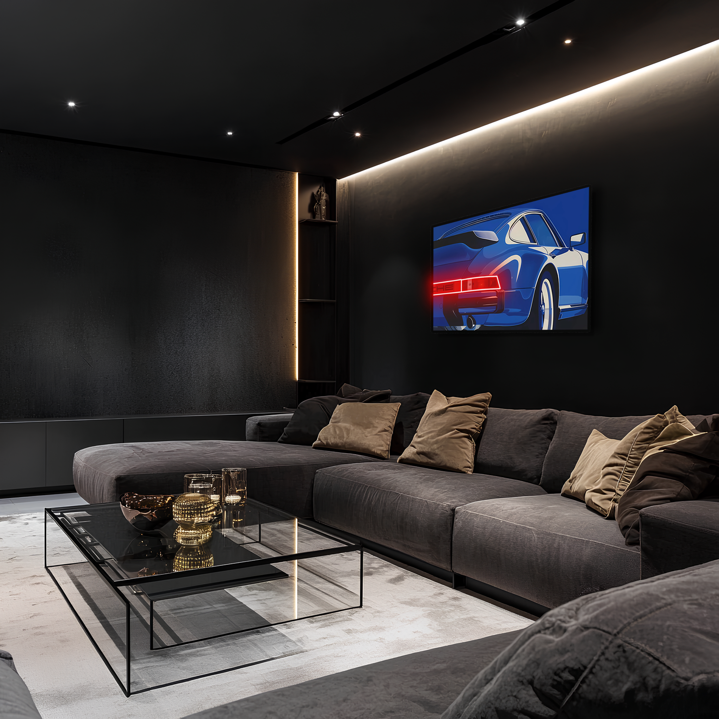 Mavi Retro Spor Araba UV Baskı Neon Duvar Dekoru | Pleksi Işıklı Tablo | Modern Ev ve Ofis Dekoru