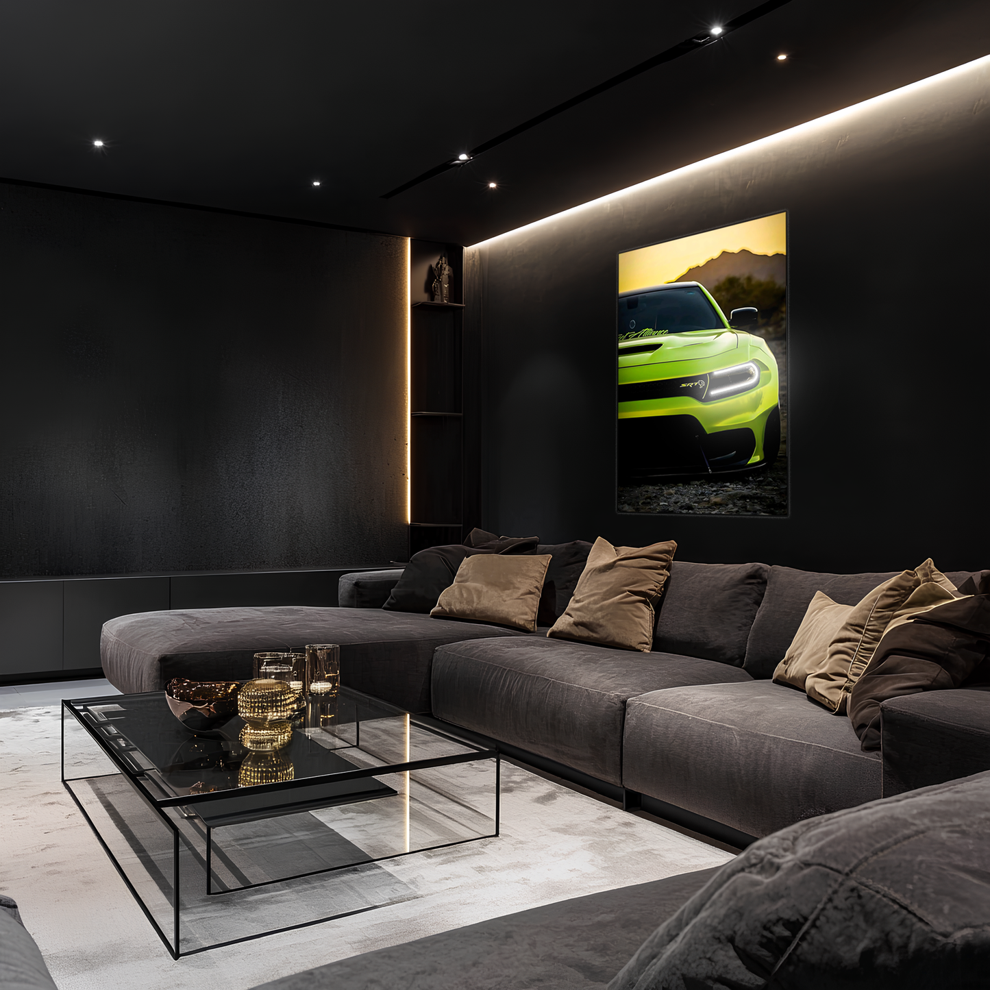 Yeşil SRT Tarzı UV Baskı Neon Duvar Dekoru | Pleksi Işıklı Muscle Car Tablo | Gamer Room Duvar Sanatı