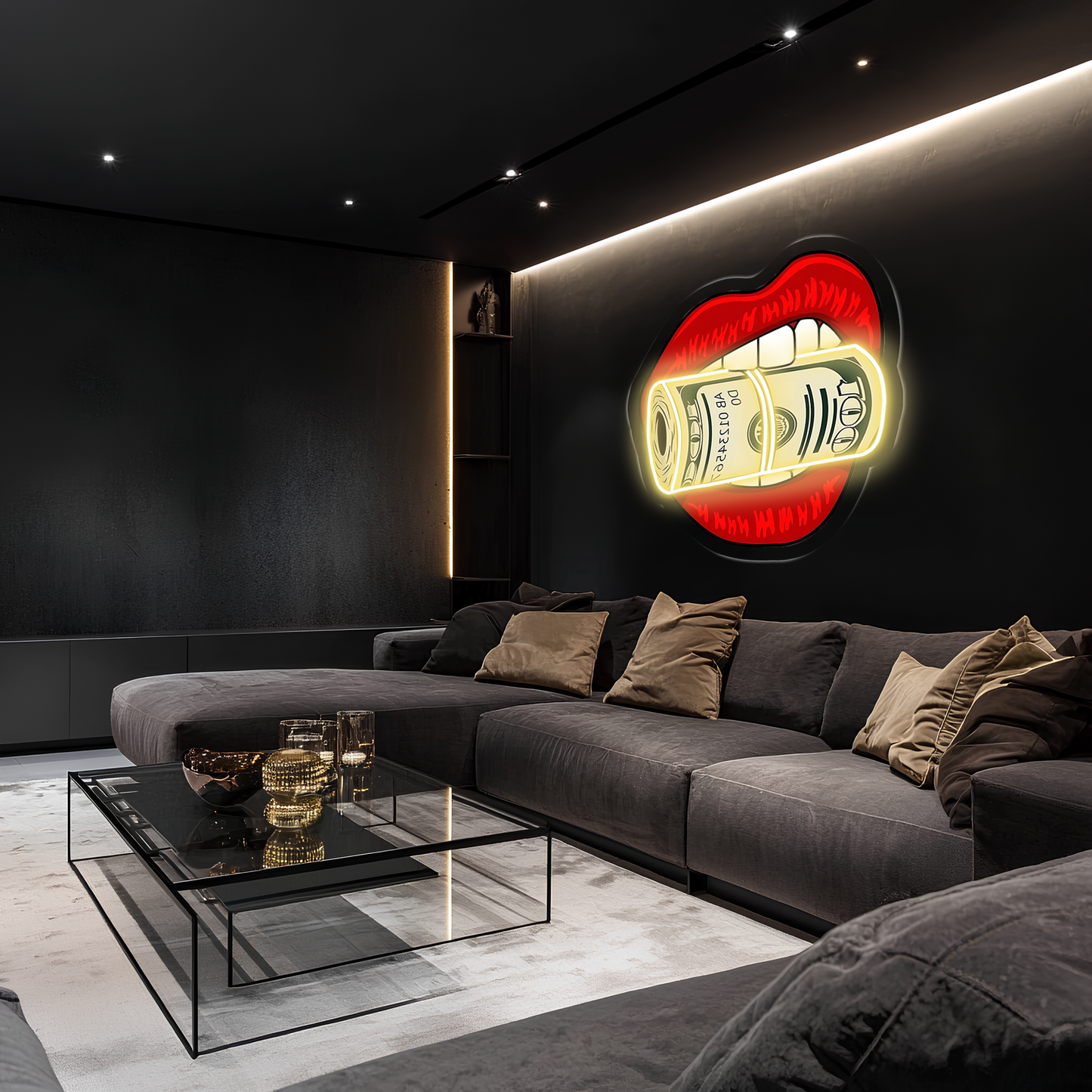 Pop Art Dudak Neon Duvar Dekoru | Para Rulosu Isıran Dudak Tasarımı | Işıklı LED Pleksi Duvar Sanatı