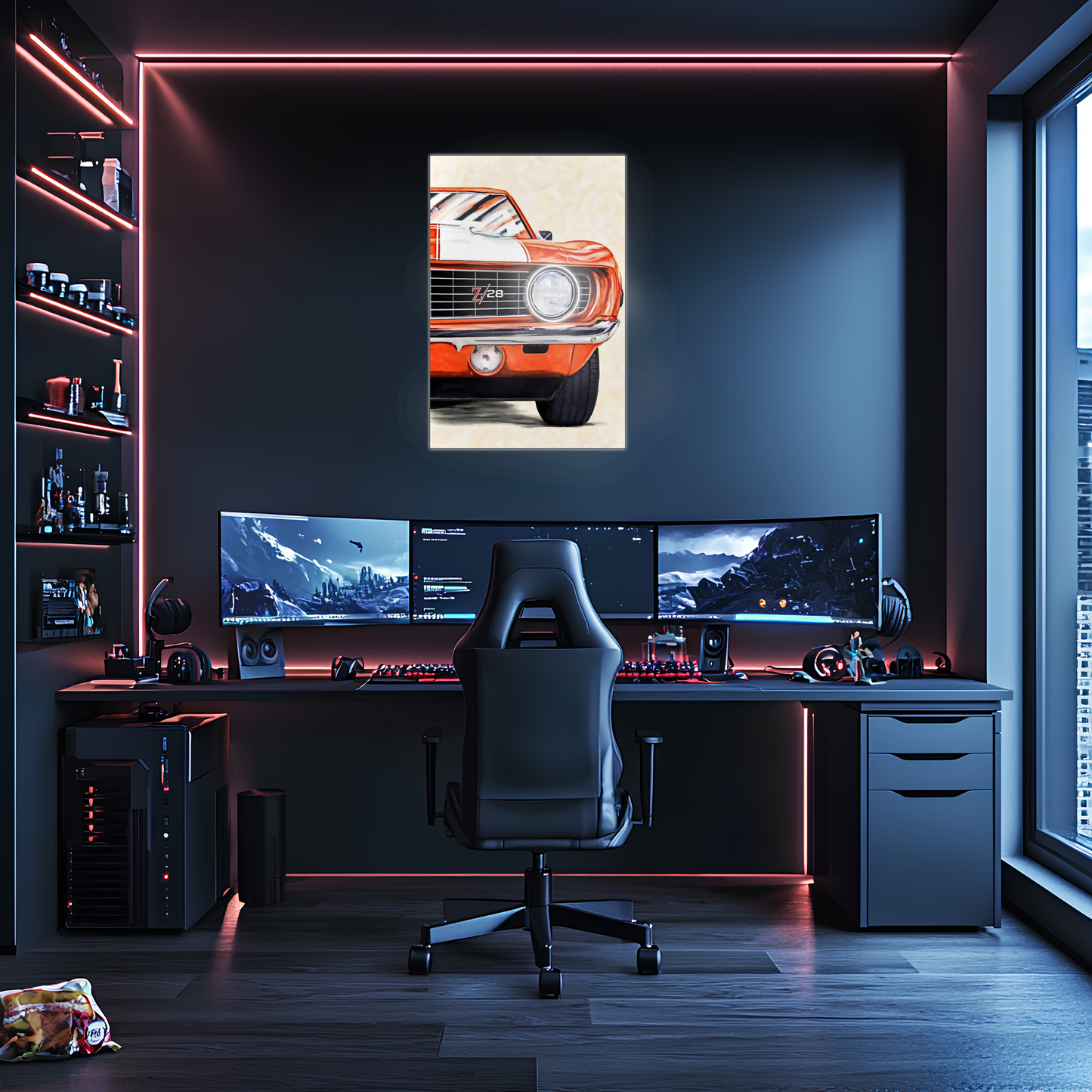 Klasik Camaro Tarzı UV Baskı Neon Duvar Dekoru | Turuncu Amerikan Araba Tablo | Pleksi Işıklı Duvar Sanatı